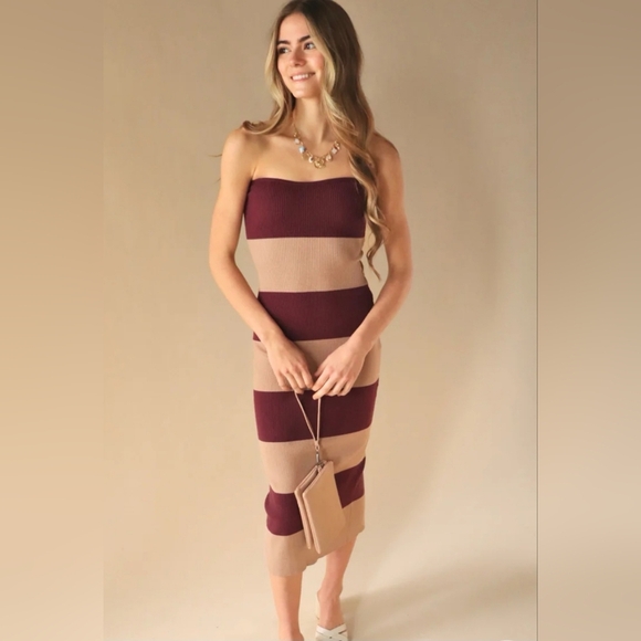 Le Lis Wine & Taupe Strapless Bodycon Dress With Back Slit- Cocktail - Picture 9 of 12
